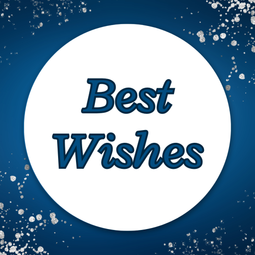 Best Wishes, blue background, and white circle.