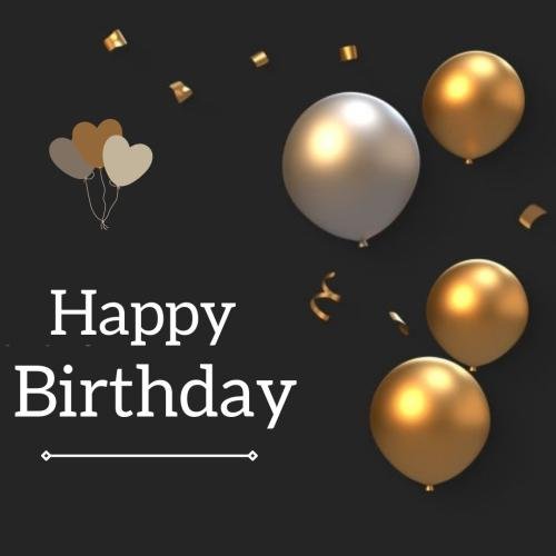Golden and white balloons on wish card Happy Birthday.