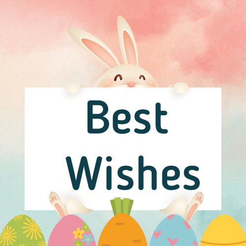 Egg on the bottom rabbit holding a white paper, Best Wishes.