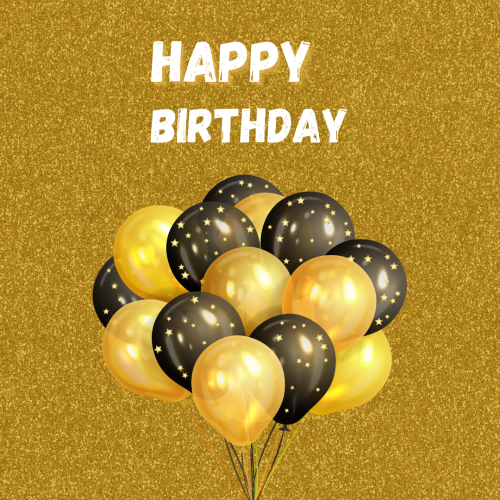 Golden back and balloons on wish card Happy Birthday
