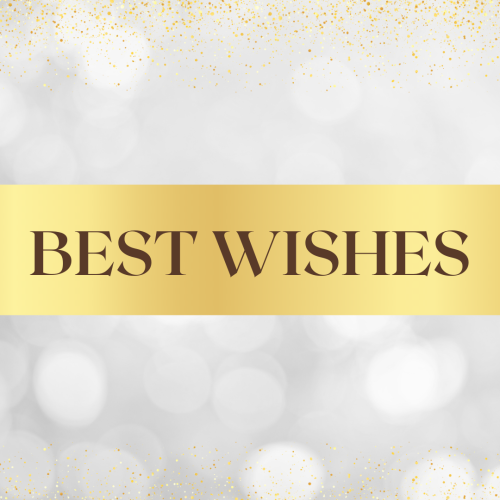 Best Wishes, gold bar on a white background.