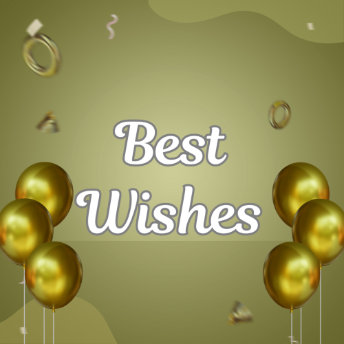 Best Wishes, golden balloons on a green card.