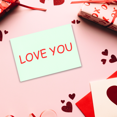 Hearts and gifts on wish card Love you