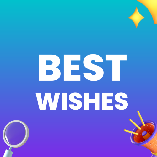 Best Wishes, horn and magnifier glass on a wish card.
