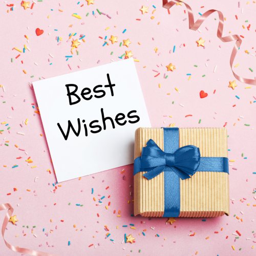 Best Wishes, Gifts on a pink table.