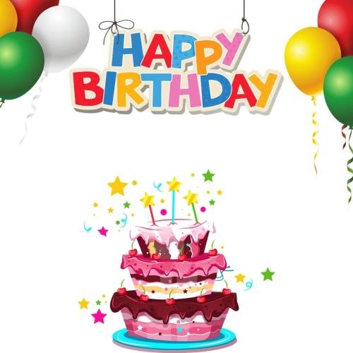 Cake and balloons on wish card Happy Birthday.