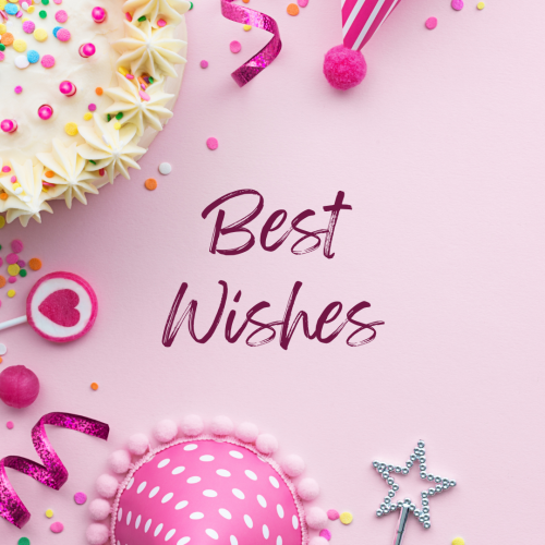 Best wishes, a cake and beautiful pink view.