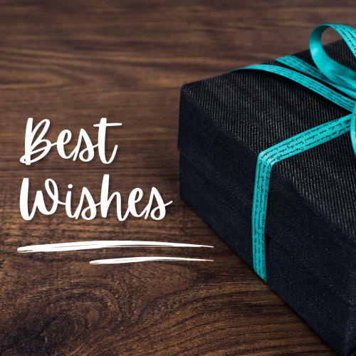Black gift on wood, Best Wishes.