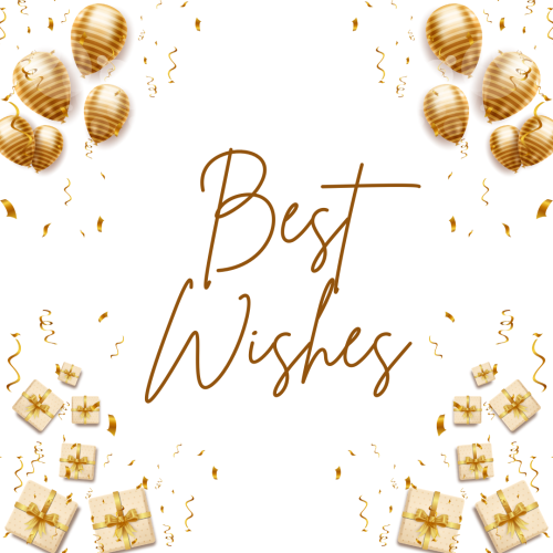 Best wishes, golden balloons and hearts on a wish card.