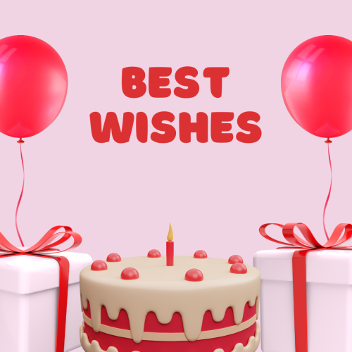 Cake gifts and balloons on a wish card, Best Wishes.