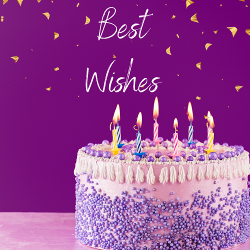 Best Wishes, purple background and a cake.