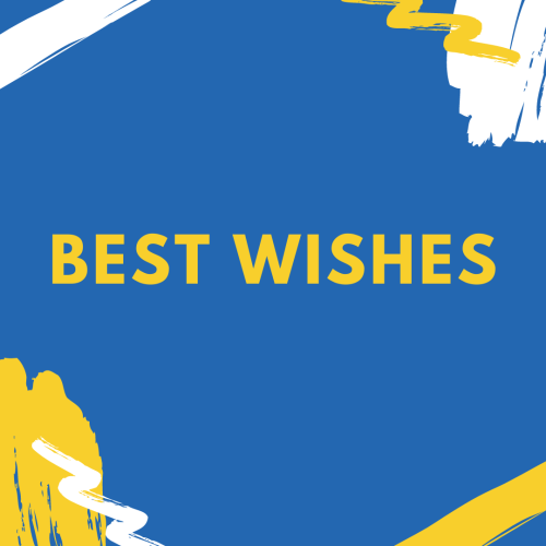 Best Wishes, blue yellow and white background.