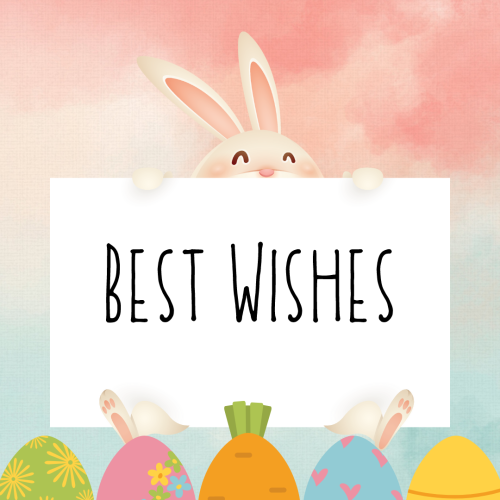 Rabbit holding a white paper and color full eggs on bottom, Best wishes.