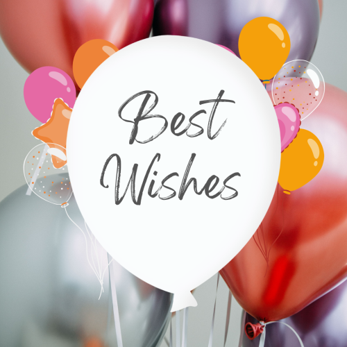 Red and silver balloons on back, Best Wishes.