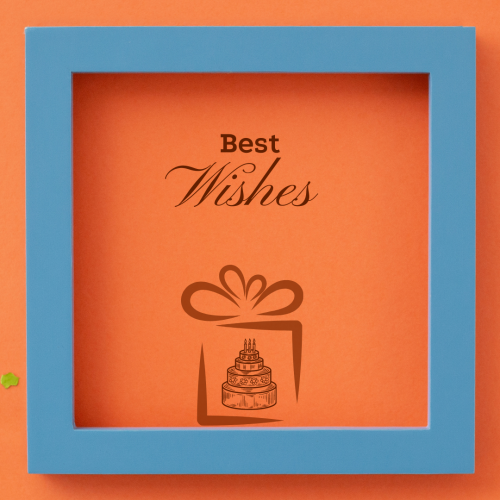 Best wishes, orange background with blue photo frame.