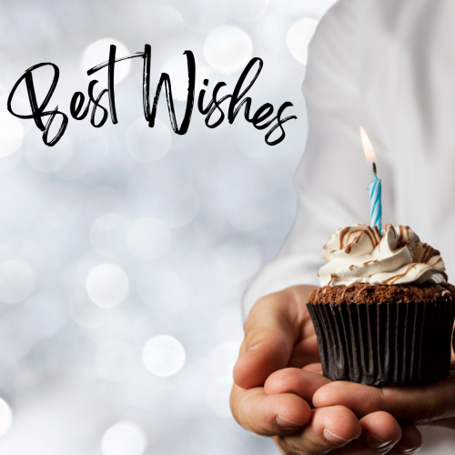 Best wishes, a man holding a cupcake in hand.