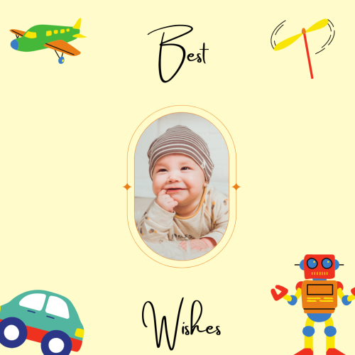 A plane and car and a pic of a baby, Best Wishes.