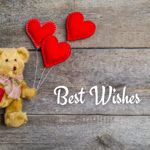 Best wishes, a teddy bear holding hearts.