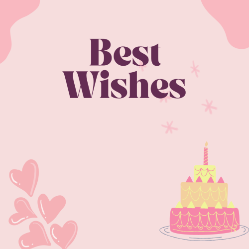 Best Wishes, cake and pink heart on a wish card.