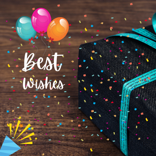 Best wishes, a black gifts and colorful balloons.