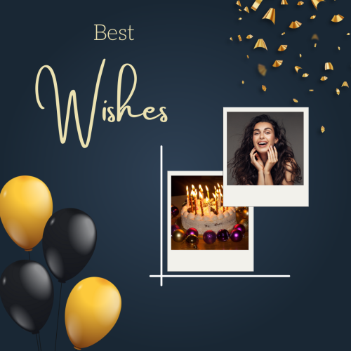 Gold and black balloons, cake and girl, Best wishes.