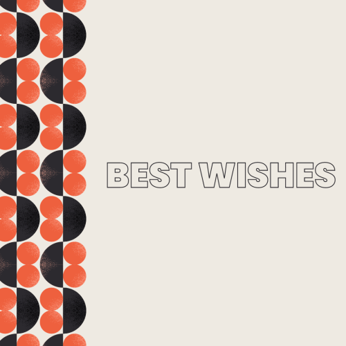 Best Wishes, orange and black background.