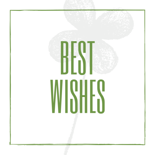 Best Wishes, green color frame and flower on back.