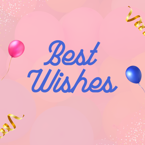 Best wishes, pink and blue balloons on pink background.