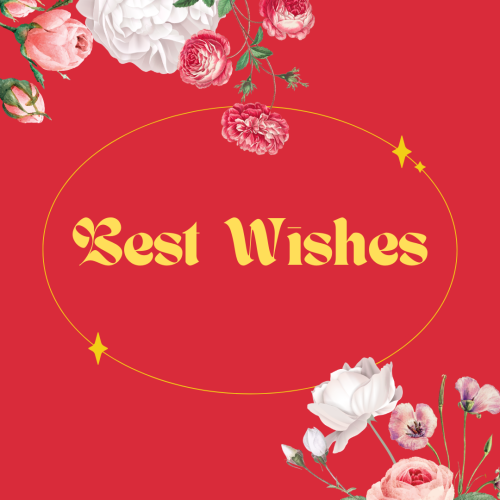 Best Wishes, lots of colorful  flowers on red background.