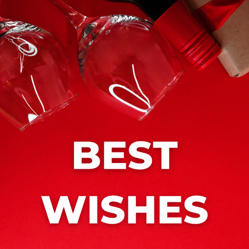 Glass and bottles on a red background, Best Wishes.