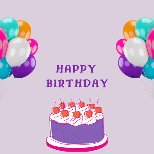 White background colorful balloons and cake on a wish card Happy Birthday