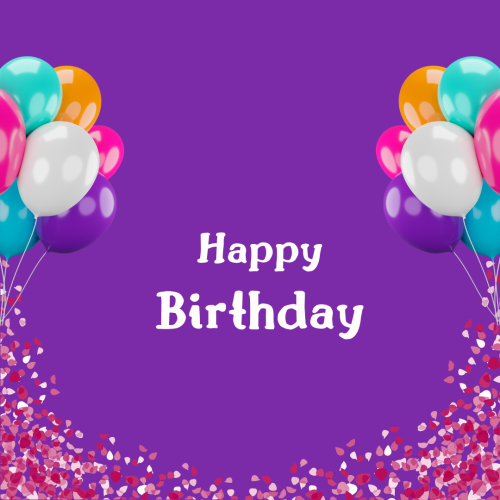 Purple background and balloons on a wish card, Happy Birthday