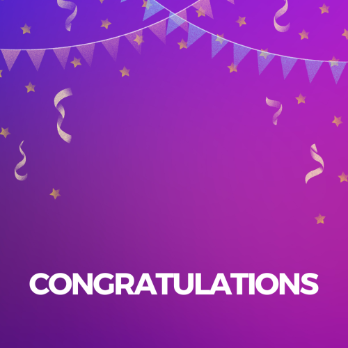 Congratulation, on a purple background.