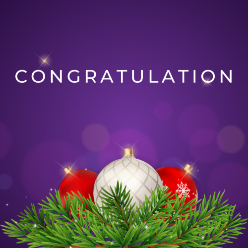 Congratulation, purple background and red and white balls in bottom.
