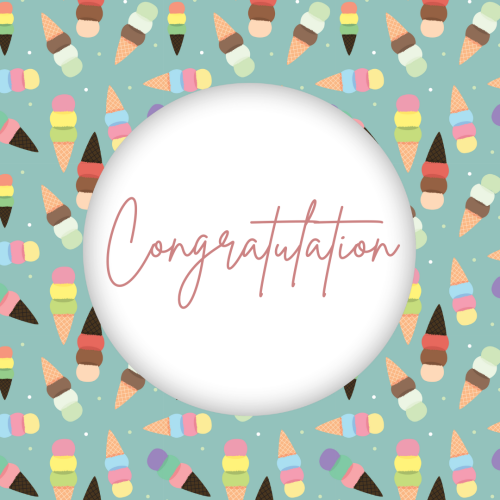 Congratulation, ice-cream on blue background.