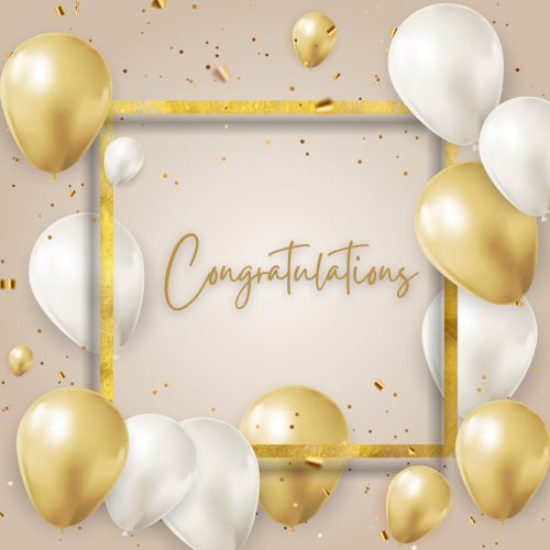 Congratulation golden and white balloons.