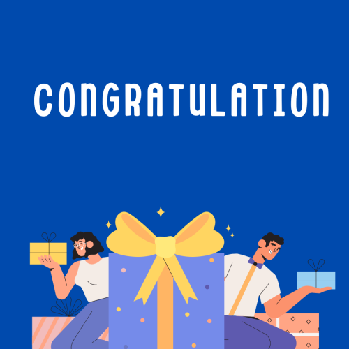 Congratulation, girl and boy character and gifts.