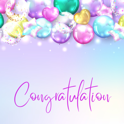 Congratulation, lots of shiny balloons on top.