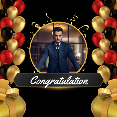 Congratulation, Boy photo gold and red balloons.