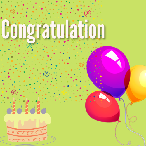 Congratulation, multiple color stars and colorful balloons on green background.