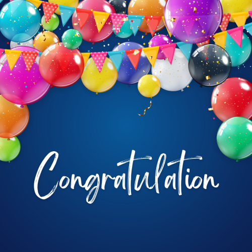 Congratulation, blue lots of colorful balloons on top.