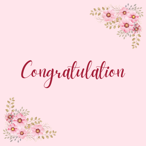 Congratulation, pink flowers on pink background.