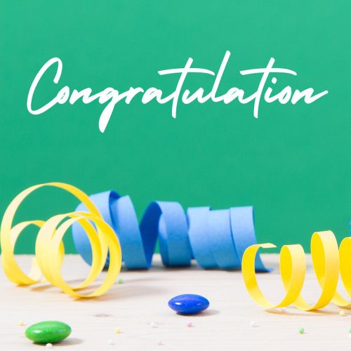Blue and yellow ribbon on bottom, Congratulation.