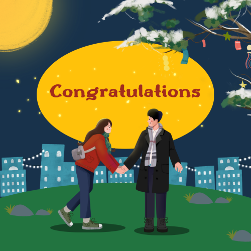 A couple standing in front of a city, Congratulation.