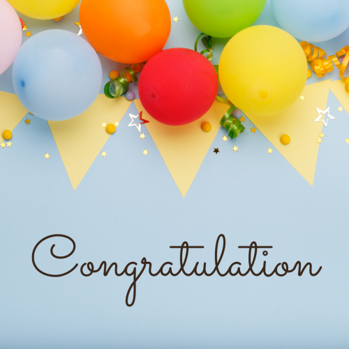 Congratulation, lots of colorful balloons on top.