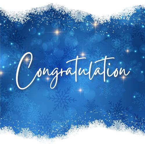 Congratulation, on blue background white color on top and bottom.