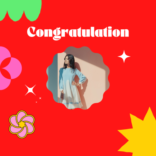 Beautiful girl pic on red background, Congratulation.