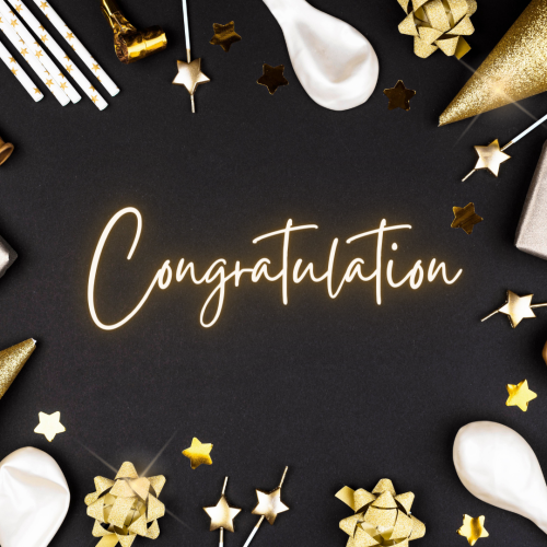 Congratulation, lots of party items on a black background.