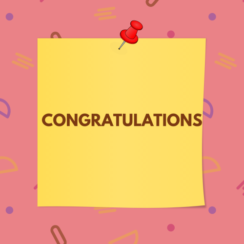 A yellow sticky note on a pink background, Congratulations.