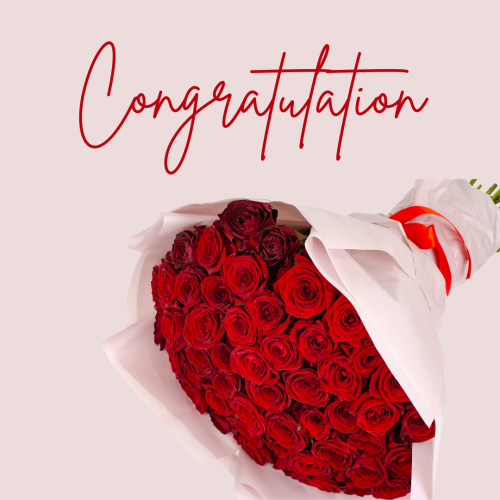 Congratulation, red flower bokeh on a pink background.